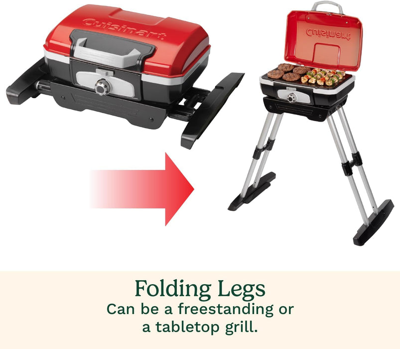 Petite Gourmet Portable Gas Grill with Versastand, Compact Portable Grill Propane, 150 Sq. In. Cooking Surface, 5,500 BTU Burner Small Gas Grills for Camping, BBQ, Adjustable Base, Handles