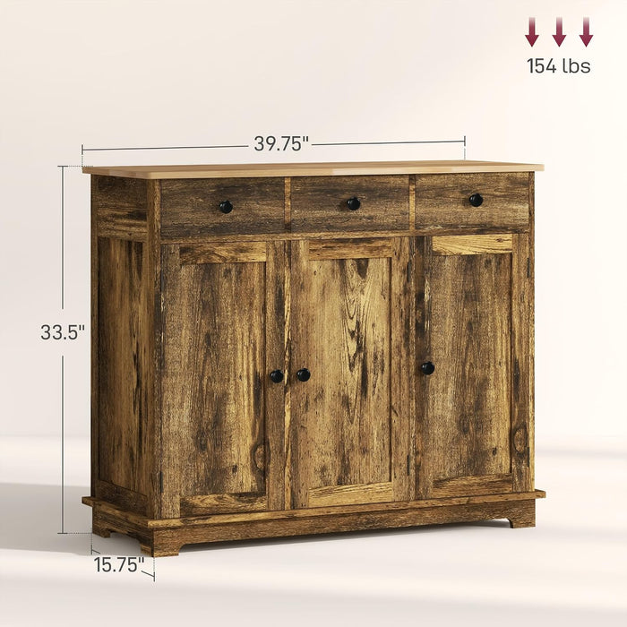 Sideboard Buffet Cabinet Solid Wood Countertop Rustic Brown | Modern Kitchen Storage, Coffee Bar Cabinet, 3 Drawers, Doors, Adjustable Shelf