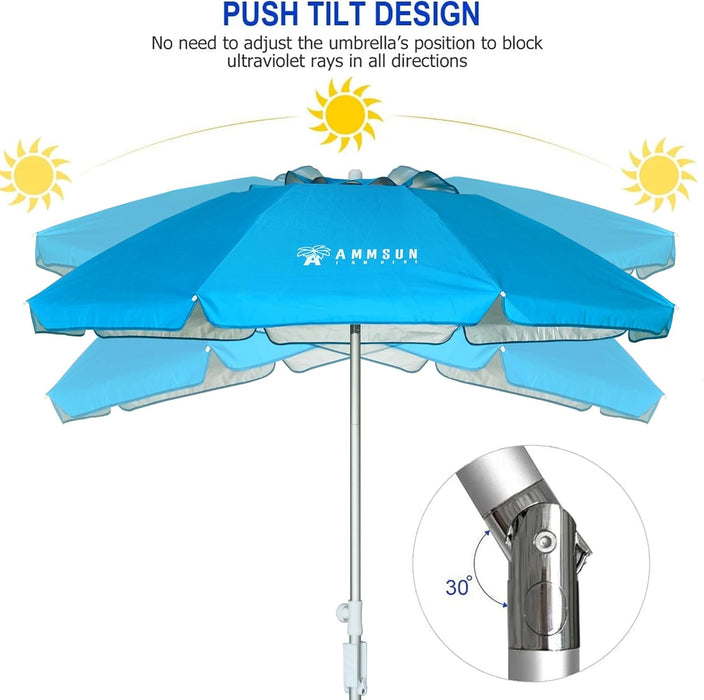 6.5Ft Twice Folded Portable Beach Umbrella with Sand Anchor Windproof Tilt Pole Air Vent UPF 50+ Protection Fits in a Large Suitcase for Travel Patio Garden Pool Backyard Sky Blue