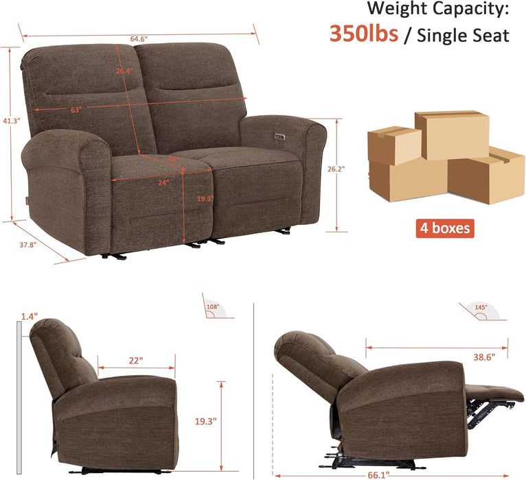 64.6" Wall Hugger Power Loveseat Recliner Sofa with USB Ports, Reclining Loveseat for Small Spaces Living Room RV, Fabric PR635M1 (Dark Brown)