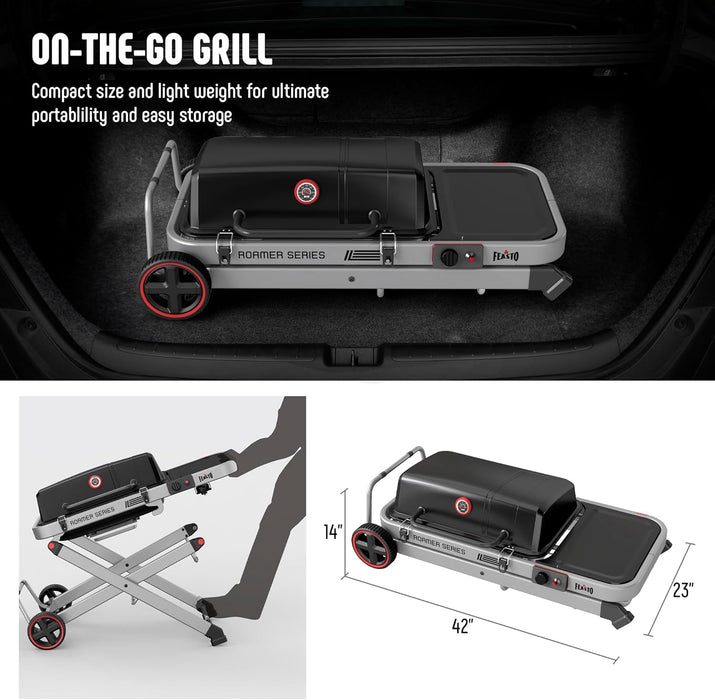 Portable Propane Gas Grill with Folding Cart & 13000 Btus Burner, 360 Sq. In. Cast Iron Cooking Grates, Side Table, 8" Wheels, Stainless Grease Tray for Outdoor BBQ, Camping & Tailgating, Black