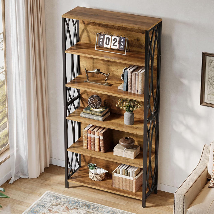 Industrial Six Tier Tall Bookshelf BrownAndBlackFinish