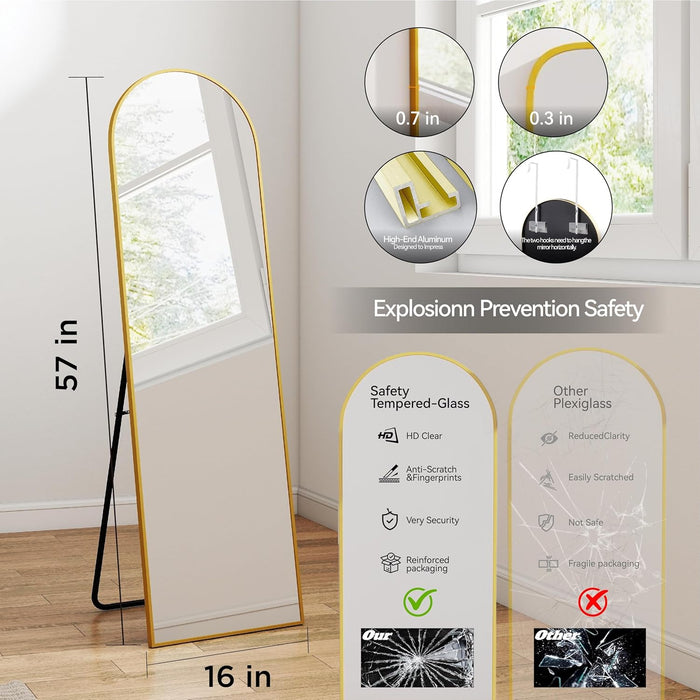 57X16 Door Hanging Full Length Mirror, Floor Stand (Height 5.7Ft Just Body In1.3Ft) / Wall Mounted Metal Frame Arch Dressing Mirrors for Bedroom Living Room 57 Inch Gold