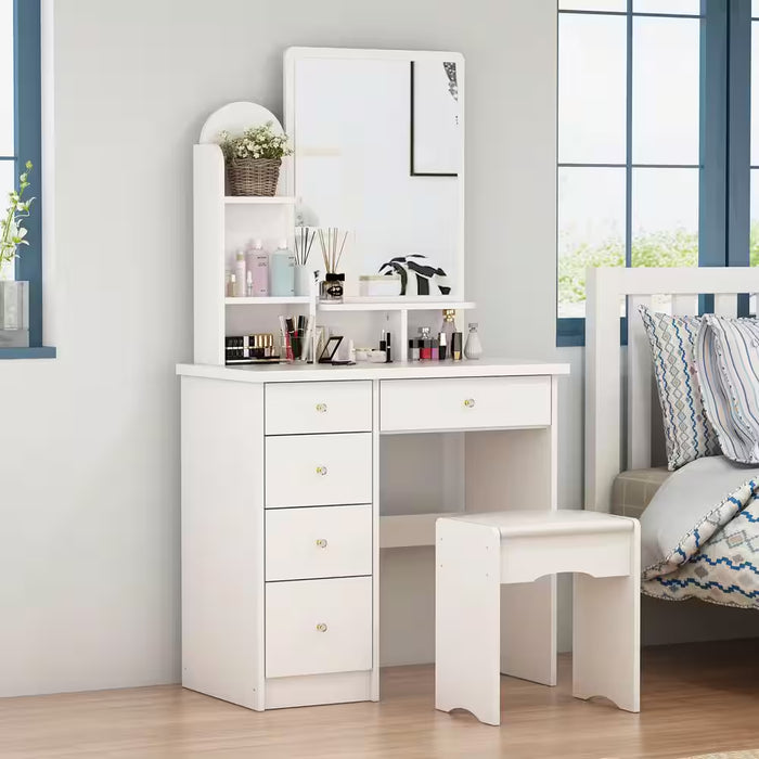 5-Drawers Wood Dresser Makeup Vanity Sets in White with Stool, Mirror (55.1 In. H X 31.5 In. W X 15.7 In. D)