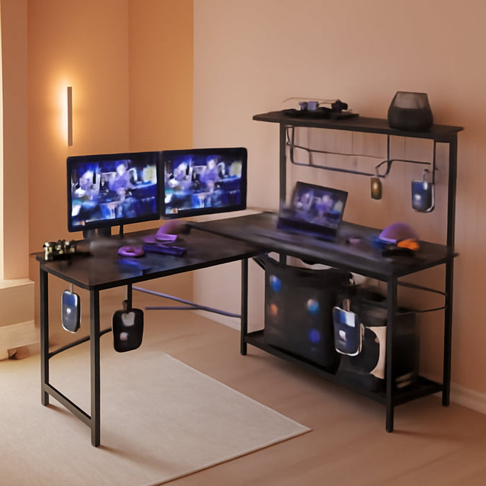 Gaming Desk 51" L-Shaped, with Power Outlets & LED Lights- 4 Tier Shelves, Reversible Gamer Table with Hooks & Cup Holder for Home Office Black Marble