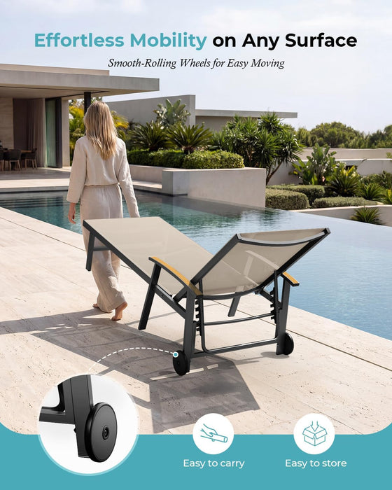 Outdoor Lounge Chair with Pillow, 5-Position Aluminum Chaise Lounge with Wheels & Armrests, 400 Lbs Heavy Duty Patio Pool Chair for Deck, Backyard, Beach & Poolside, Khaki
