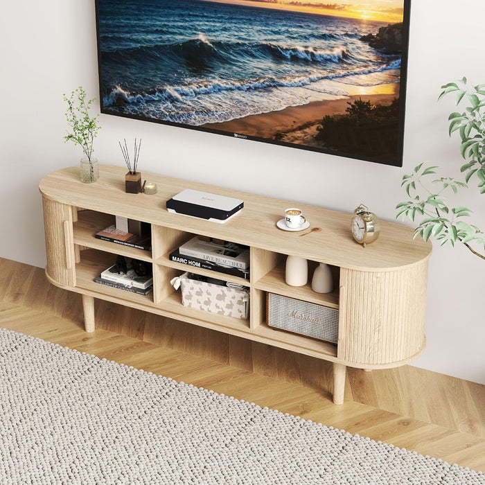 TV Stand, Media Console Table with Sliding Door and Storage Compartment, Modern Entertainment Center with Storage for Living Room, Bedroom, Home Office (Natural)