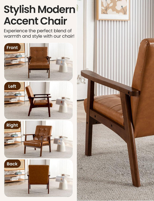 Mid Century Leather Accent Chairs, Modern Small Arm Chair for Living Room, Office Waiting Room Lobby Chair with Wooden Arms, Brown Accent Reading Chairs Set for Bedroom