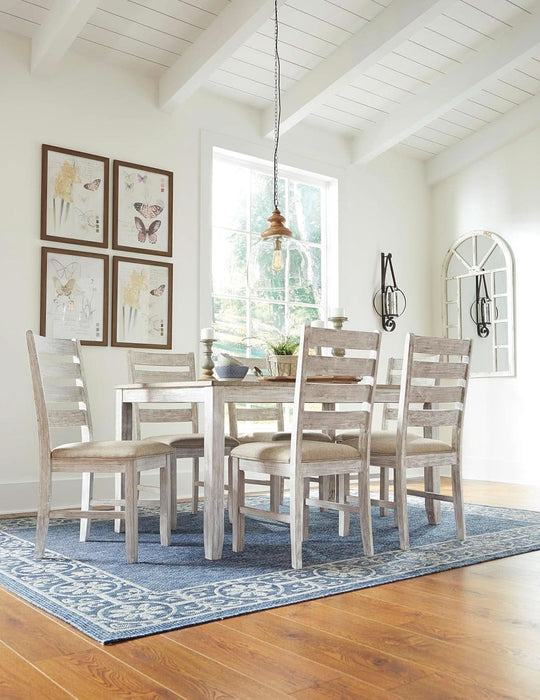 Skempton Cottage Dining 7 Piece Set – Rectangular Table & 6 Upholstered Chairs | Coastal Chic Meets Farmhouse, Whitewash