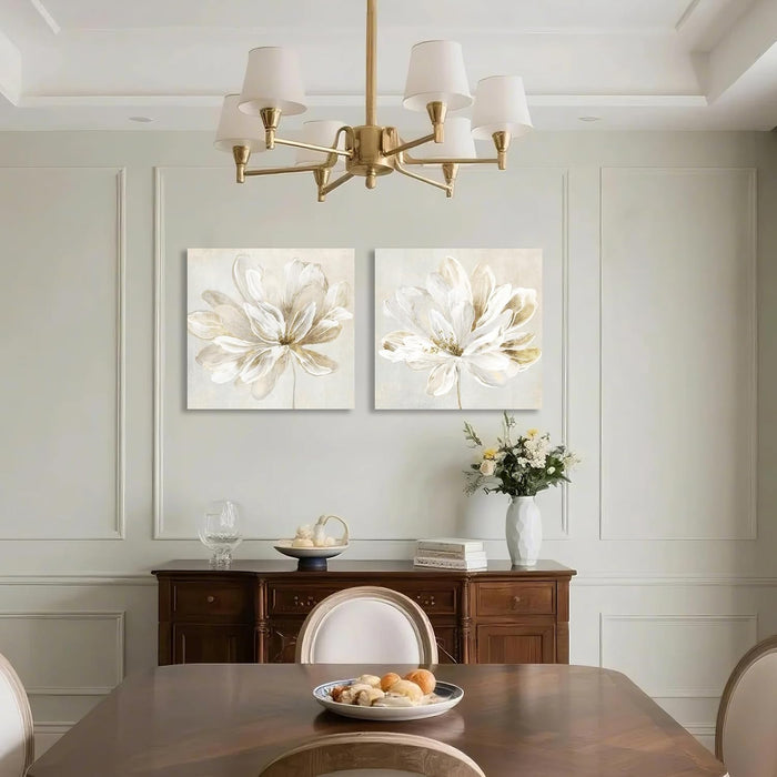 2 Pcs Beige and Gold Flower Wall Art Blooming Flower Abstract Floral Artwork Canvas Print Poster for Living Room Bedroom Office Wall Decor 24"X24"