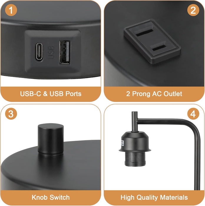 Industrial Bedside Table Lamp for Bedroom - Nightstand Lamps with USB C Charging Port, Fully Dimmable Black Ports and Outlets, Small Desk Glass Shade Office Living Room