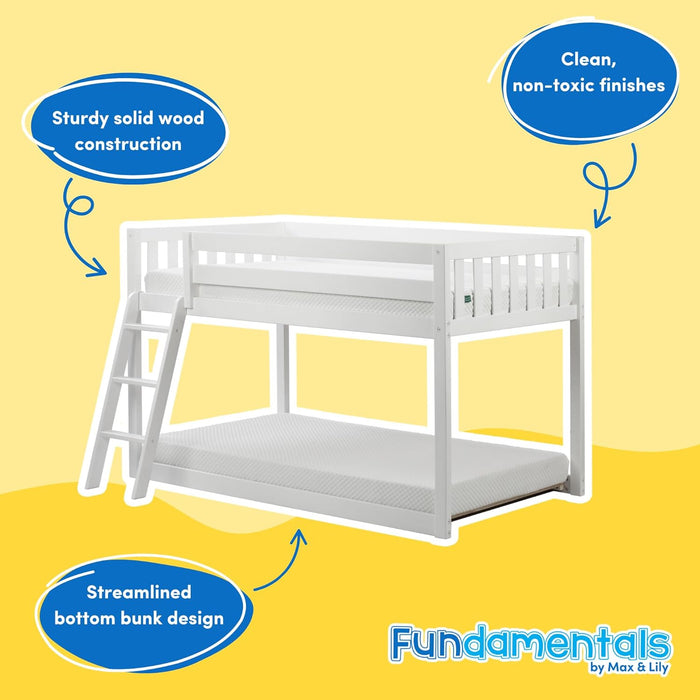 Fundamental Twin Low Bunk Bed, Kids Solid Wood Modern Bed Frame with Strong Wooden Slats, Non-Toxic Finishes, High Weight Capacity, White