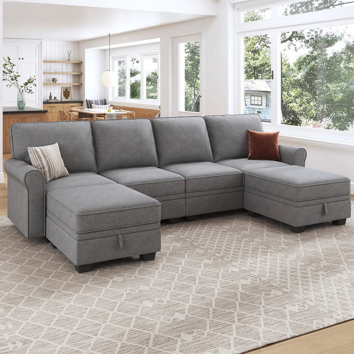 Modern Storage Sectional Sofa Couch U-Shaped with Storage Ottomans for Living Room Furniture Sets, Light Grey