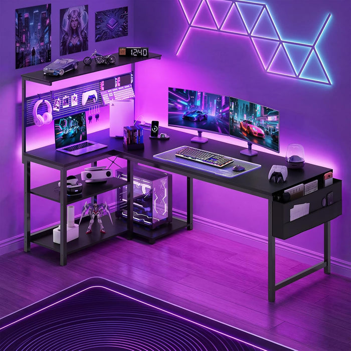 L Shaped Desk Gaming Desk with LED Light & Power Outlet, 55 Inch Reversible Computer Desk with Pegboard & Shelf & Storage Bag for Home Office, Black