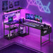 L Shaped Desk Gaming Desk with LED Light & Power Outlet, 55 Inch Reversible Computer Desk with Pegboard & Shelf & Storage Bag for Home Office, Black