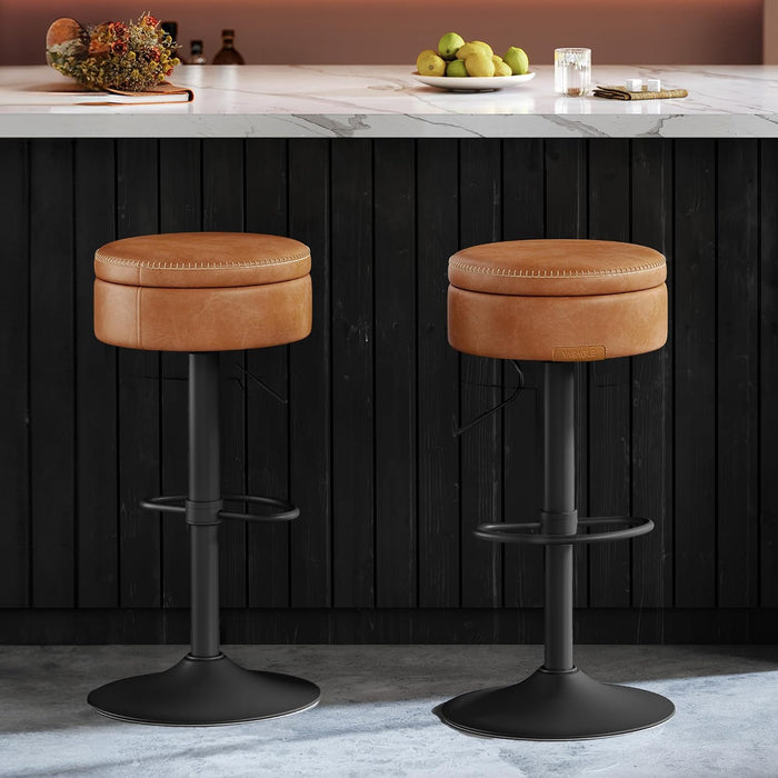 VASAGLE EKHO Collection - 360° Swivel Bar Stools Set of 2, Height Adjustable Barstools with Storage, Synthetic Leather with Stitching, Mid-Century Modern, Kitchen Bar, Easy Assembly, Caramel Brown