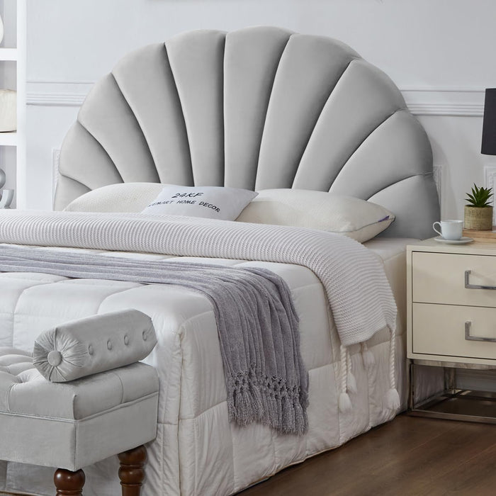 Stunning Crown Design Queen Headboard, Upholstered Soft Velvet Petal Pattern Headboard Queen/Full-Q-Gray