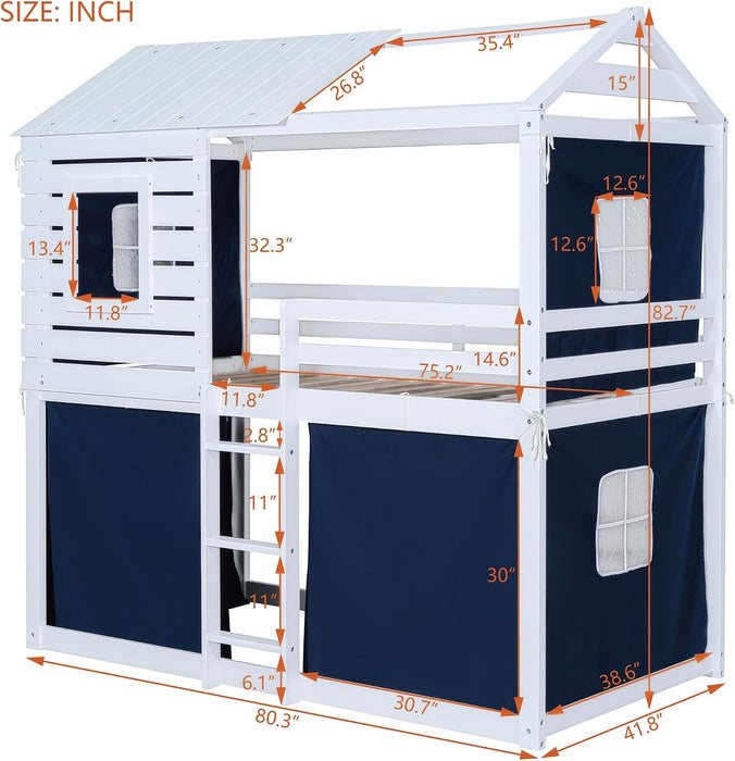Twin Size BlueAndWhite Reinforced Pinewood Bunk Bed