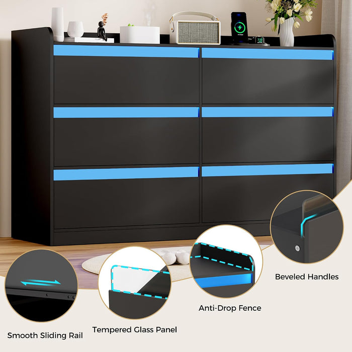 47.2" Modern Black Dresser with Power Outlet and LED Lights