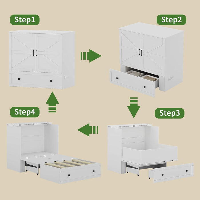 Murphy Bed with Built-In Charging Station, Space-Saving Murphy Bed Chest Twin with Drawer, Foldable, for Home Office Guest Room Bedroom White
