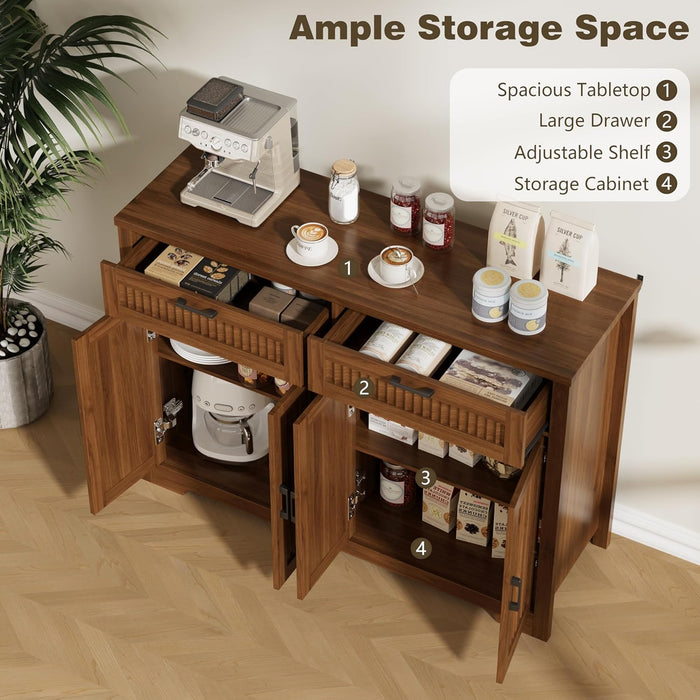 Buffet Cabinet with 2 Storage Drawers, Farmhouse Coffee Bar Table with Storage and Adjustable Shelf, 47.2" Wide Fluted Sideboard Cabinet for Kitchen, Dining Room, Living Room, Entryway, Modern Walnut