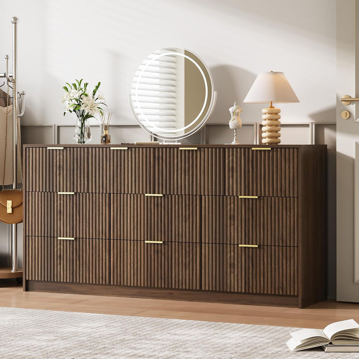 63" Wide Fluted 10-Drawer Dresser for Bedroom, Walnut