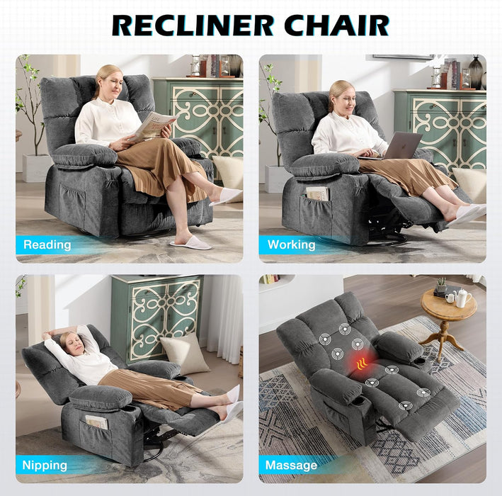 Oversized Recliner Chair with Massage and Heat, 360° Swivel Rocker
