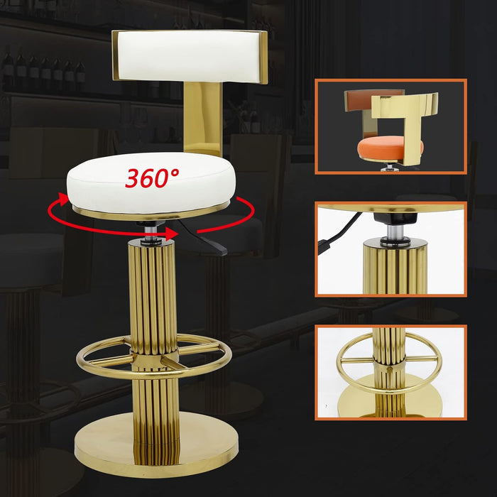 Counter Height Bar Stools with Back, Modern Adjustable Height Barstools Swivel Bar Chairs with Polished Gold Stainless Steel Legs and Comfortable Cushion for Kitchen Island Counter (White)