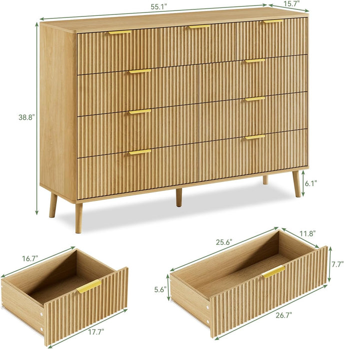 Fluted 9 Drawer Dresser for Bedroom, 55" Wide Modern Chest of Drawers with Curved Profile Design and Metal Handles, Wood Dresser TV Stand & Storage Organizer for Bedroom, Hallway, Oak