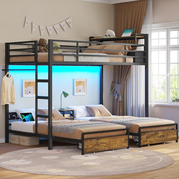 Triple Bunk Bed for Kids with Storage Drawers and Charging Station Twin over Twin Metal Bunk Bed with Storage Shelves and Box,3 Beds with Guardrails and Ladder, No Box Spring Needed, Black