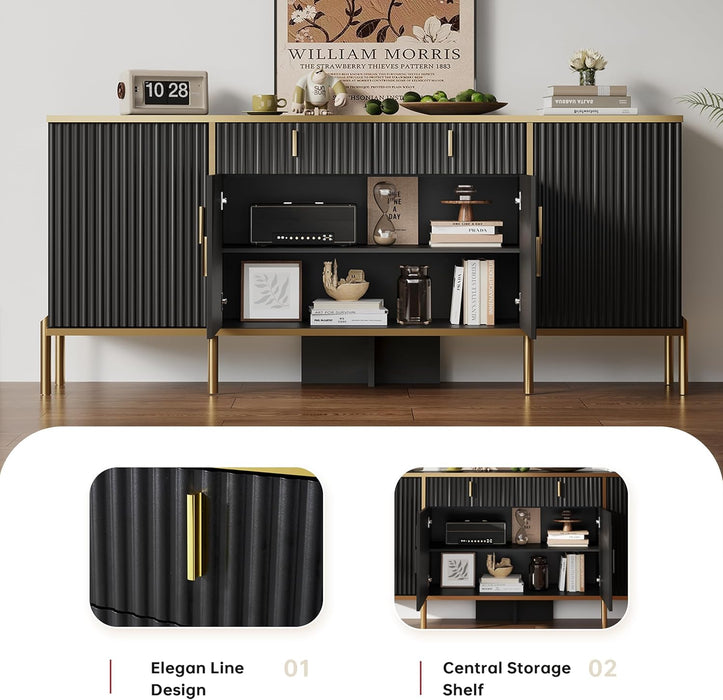 60" Fluted Buffet Cabinet with Storage, Modern Buffets & Sideboard with 2 Drawers, 4 Doors and Adjustable Shelves, Accent Cabinet for Kitchen, Living Room, Hallway, Black