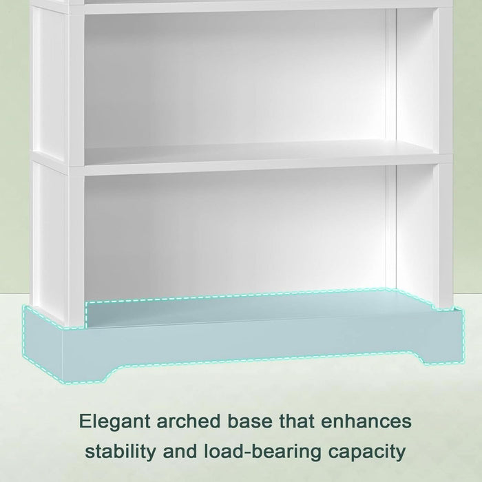 5-Tier Wooden Book Shelf, 65"H × 31.5"W × 9.9“D Bookshelf with Storage, Floor-Standing Display Bookcase, Farmhouse Style Bookshelf with Arched Base, Suitable for Living Room, Study, Office, White