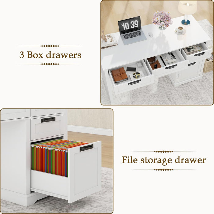 55" Farmhouse Home Office Desk with File Drawer, Executive Computer Desk with 4 Storage Drawers, Rustic Computer Desk for Working, Studying, Writing（White