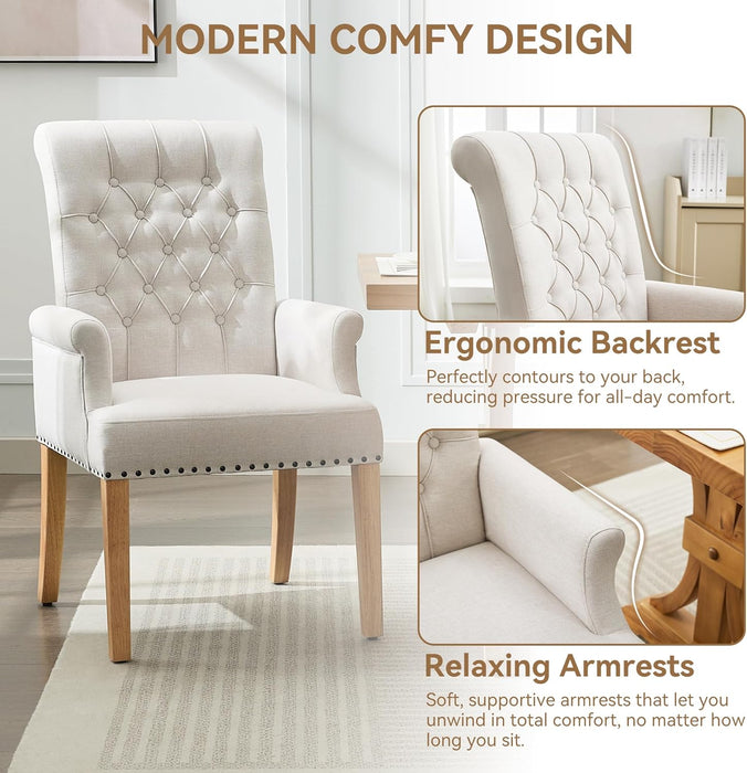 Fabric Dining Chair with Arms, Upholstered Tufted High Back Dining Room Chairs, Accent Armchair with Solid Wood Leg and Nailhead Trim, Kitchen Dining Living Room, Beige