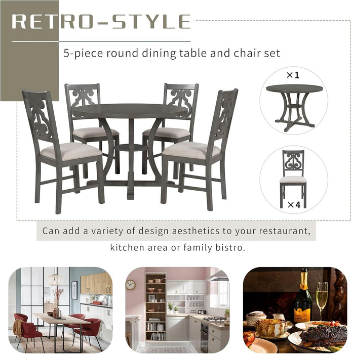 5 Piece round Dining Table Set 4 Retro Chairs with Special-Shaped Table Legs, Exquisitely Designed Hollow Chair Back for Dining Room, Gray