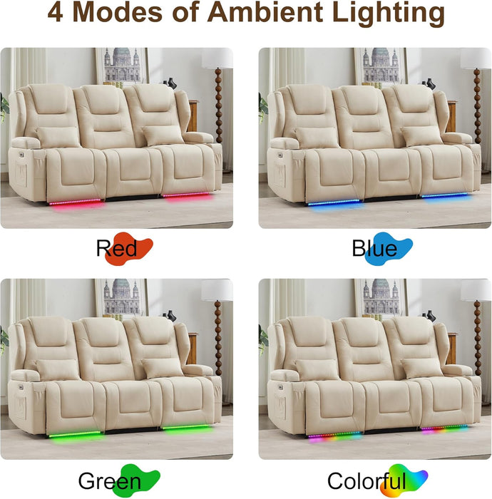 RV Power Loveseat Recliner Sofa, Leathaire Fabric 3-Seater Wall Hugger Reclining Sofa, Home Theater Seating Chair with Cup Holders, 3 Person Couch RV Furniture for Living Room, Beige