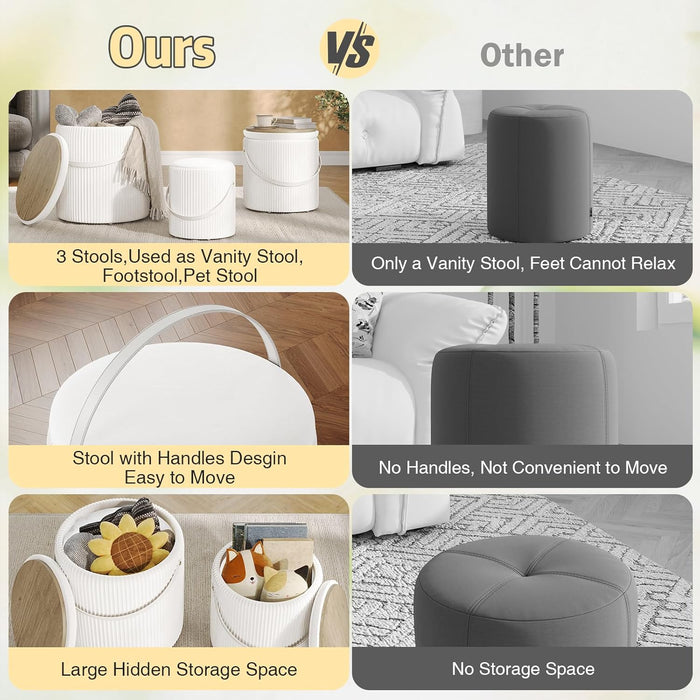 Ottoman with Storage Set of 3, round Storage Ottoman with Handle, Velvet Vanity Stool for Dorm & Bedroom, Upholstered Foot Stool for Living Room, Multifunctional Ottomans Coffee Table, White