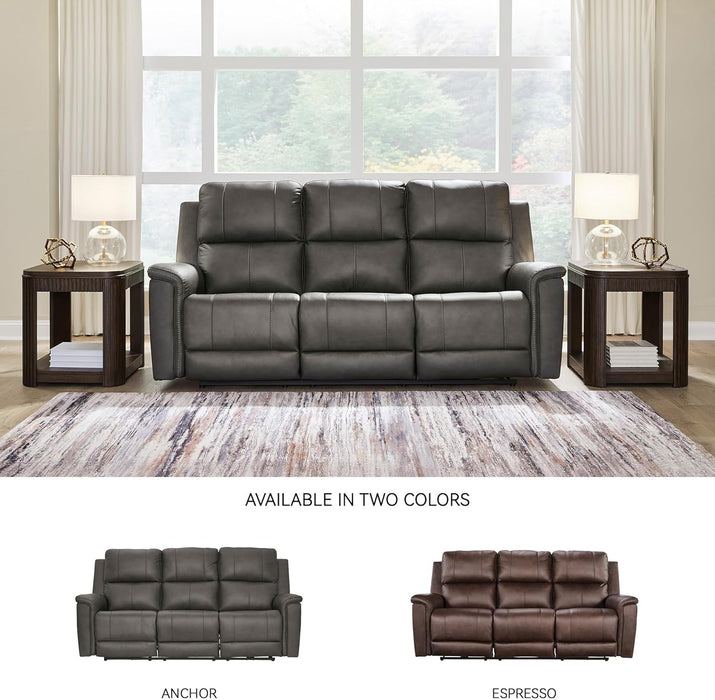 Signature Design by Ashley Burnley Contemporary Leather Match Power Reclining Sofa with Adjustable Headrest and USB Charging Port, Gray