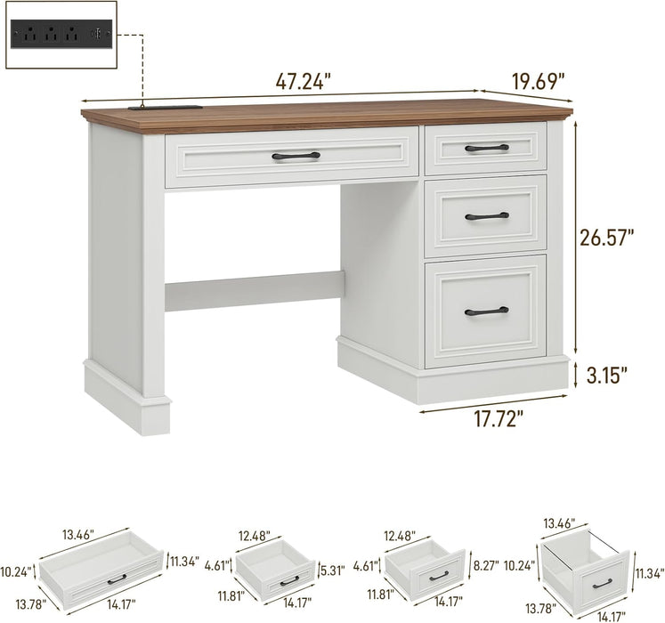 Farmhouse 47" Executive Desk, Computer Desk with Drawers and File Drawer, Workstation Computer Desk with Charging Station for Home Office,Study,Unique White.