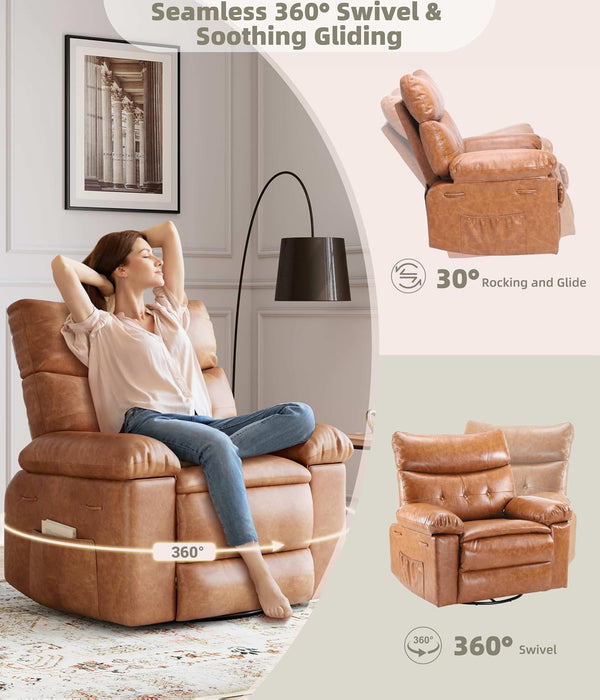 Leather Recliner Chair - Heat and Massage, Swivel Rocker Manual Recliner for Adults, Lazy Rocking Chair with Comfort Arms and Back Single Sofa for Living Room