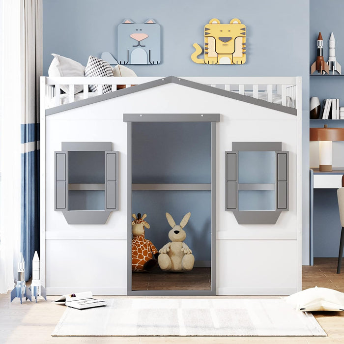 Full Size Wood House Loft Bed with Ladder, Kids Playhouse Bed with Window for Girls Boys, White+Gray