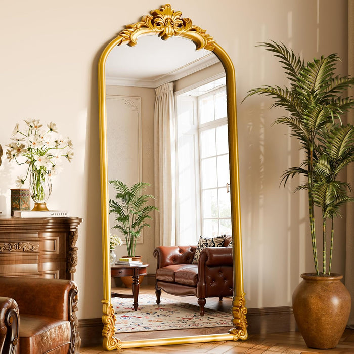71"X32" Vintage Gold Arched Full Length Mirror with Carved