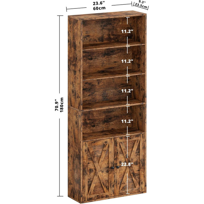 Industrial Bookshelves and Bookcases with Doors Floor Standing 6 Shelf Display Storage Shelves 70 in Tall Bookcase for Home Office, Living Room