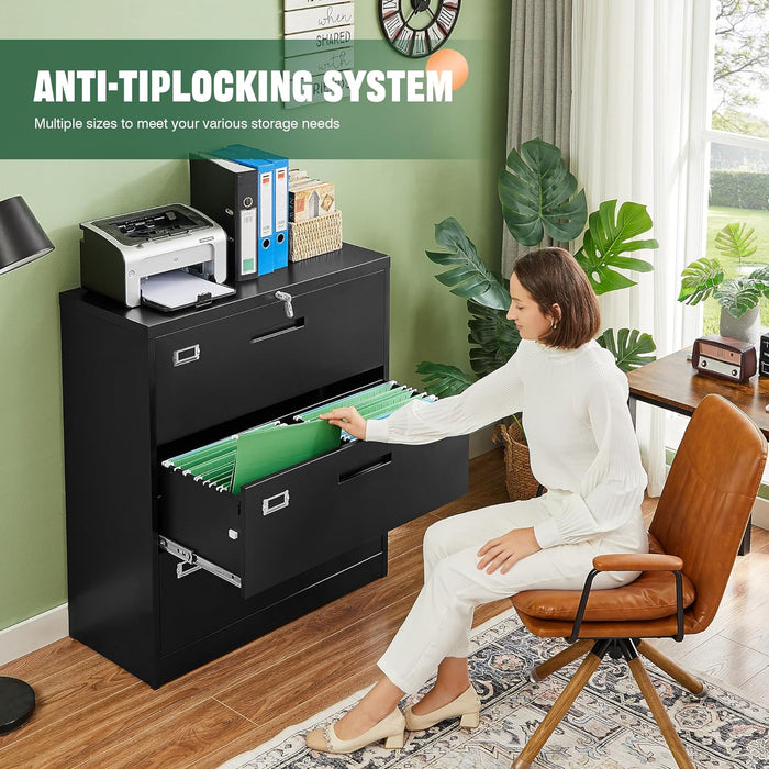 Black Lateral File Cabinet with Lock & Drawers