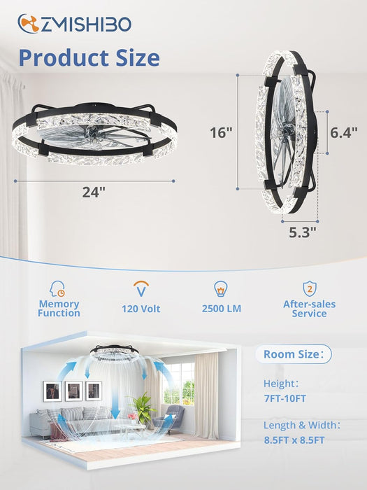 Ceiling Fans with Lights and Remote, 24 Inch Flush Mount Fan Light, 6 Speeds, 3CCT, Dimmable, Low Profile Ceiling Fan, Modern Ceiling Fan with Light for Bedroom and Living Room, Black