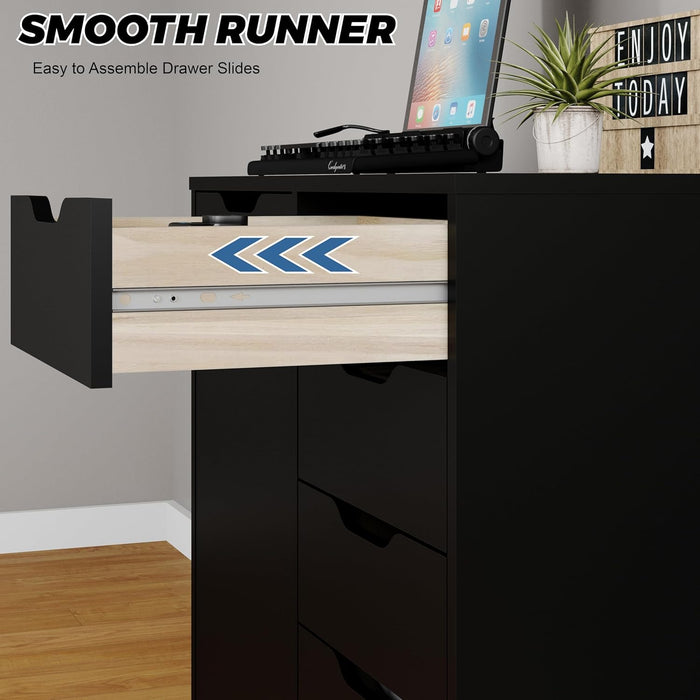 5-Drawer Chest with 1 Door, Wooden Chest of Drawers Storage Dresser Cabinet with Wheels, Office Organization and Storage, Bedroom Furniture (Black-S)