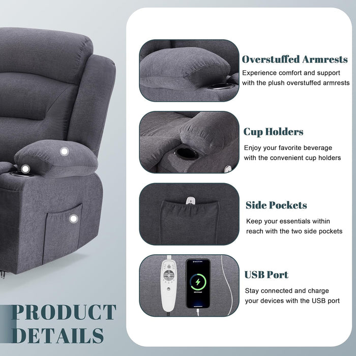 Oversized Recliner Sofa with Heat and Massage, Big Large 3-Seater RV Recliner Couch Sofa for Living Room, Wall-Hugger Reclining Sofa with Cup Holders and USB Port (Fabric, Grey)