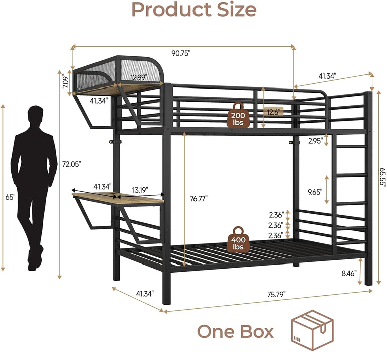 Bunk Bed Twin over Twin, Metal Bunk Beds with Desk & Power Outlet, Heavy-Duty Twin Bunk Beds with Storage Rack, Bunkbeds Frame with Safety Guardrail & Ladders for Juniors, No Box Spring Needed, Black