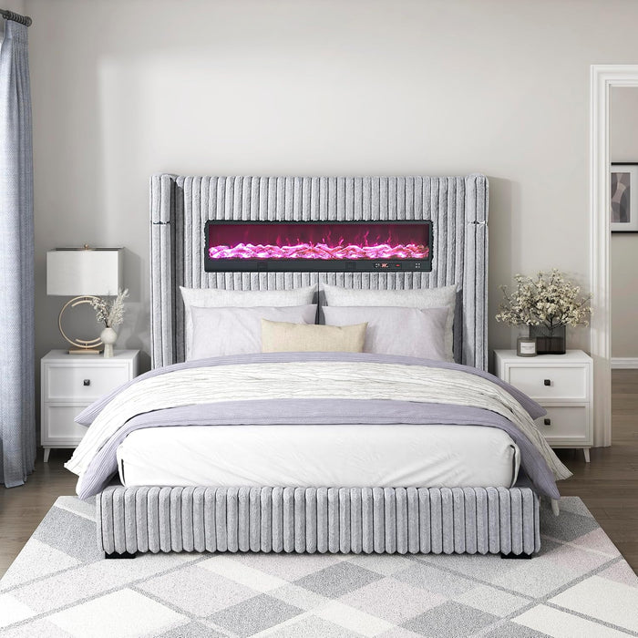 Corduroy Upholstered Bed Frame, Remote Fireplace, Built-In Speaker, Wingback Queen Bed Frame with Headboard, Wooden Slats, Box Spring Needed, Assembly Required, Two-Tone Gray