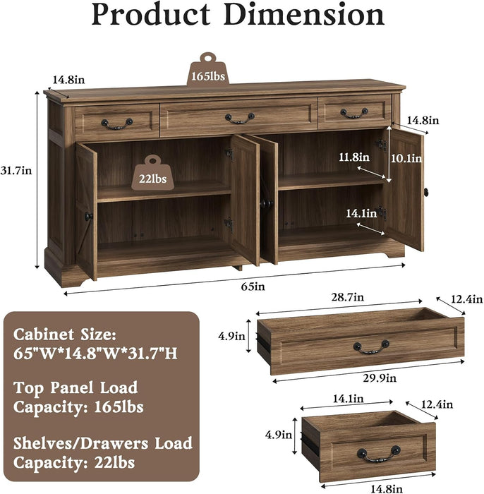 65" Large Sideboard Buffet Storage Cabinet with 3 Drawers and 4 Doors | Farmhouse Kitchen Sideboard Buffet Coffee Bar Wine Bar Cabinet with Storage for Living Room(Walnut)
